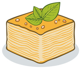 Delicious layered dessert illustration with nuts and mint leaves for confectionery products and baking