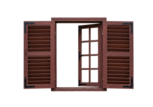 Isolated open wooden window with shutters showing detail and textured pattern, no sky view