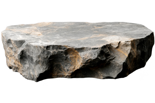Gray stone platform showcases rough texture and natural form on transparent background