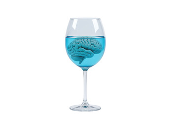 Isolated human brain in a wine glass with blue liquid, clear glass, creative medical idea