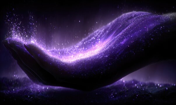 Hand holding shimmering purple particles