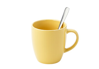 Isolated yellow mug with spoon for tea or coffee, refreshment, drink, beverage break