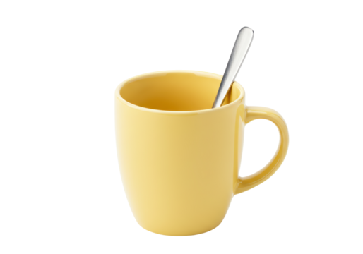 Isolated yellow mug with spoon for tea or coffee, refreshment, drink, beverage break