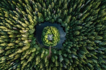 Obraz premium Aerial view of a circular clearing in a dense pine forest