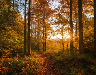 Obraz premium Autumn trees and mist in woodland at sunrise.