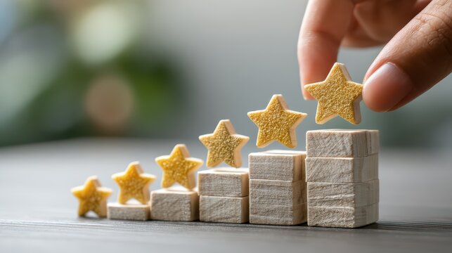Dynamic FiveStar Goal Setting Scene on Wood Block Ideal for Motivational Designs, Empowering Campaigns, and Product Branding.