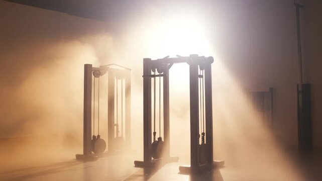 Ethereal Gym: Vintage Exercise Machines in Smoky, Atmospheric Light