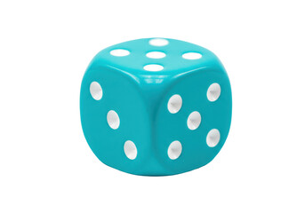 Isolated light-blue dice with white dots for board game, game of chance or gambling toy, sport