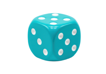 Isolated light-blue dice with white dots for board game, game of chance or gambling toy, sport