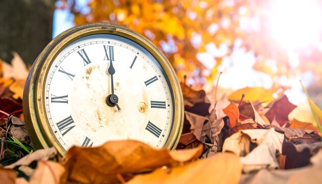 Antique clock in autumn leaves