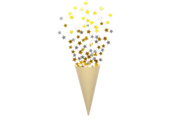 Isolated Shiny Celebration Gold and Silver Stars Spilling Out of Decorative Party Horn Cone