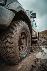 Muddy SUV in a rugged terrain