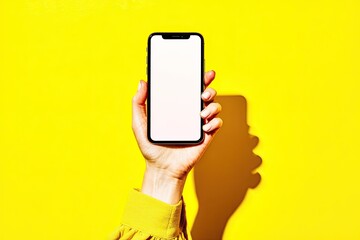 Hand holding a smartphone with a blank screen against a vibrant yellow background