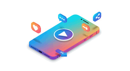 Isometric Smartphone with Play Button and Social Media Icons, Colorful Design.