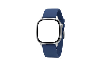 Isolated modern smartwatch on a blue band features a square case with rounded corners