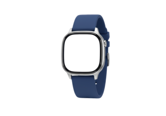 Isolated modern smartwatch on a blue band features a square case with rounded corners