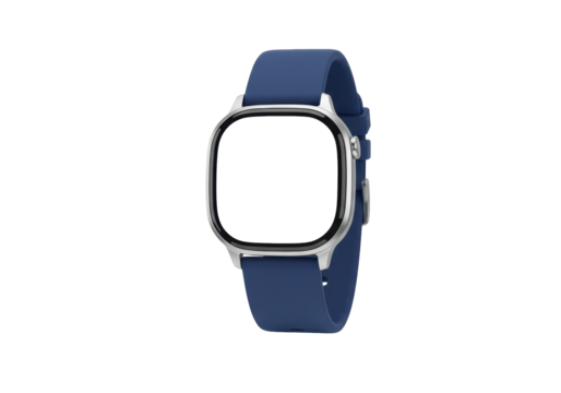 Isolated modern smartwatch on a blue band features a square case with rounded corners