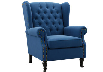 Isolated Blue Velvet Wingback Chair Luxurious Design, Living Room Furniture, Elegant Interior