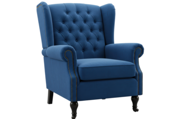 Isolated Blue Velvet Wingback Chair Luxurious Design, Living Room Furniture, Elegant Interior
