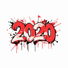 Graffiti style 2020 year number with red and black paint splatters and drips on white background new year