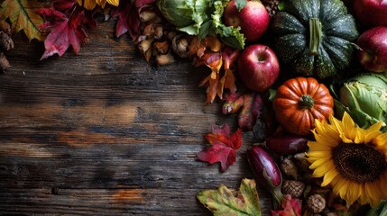 Autumnal harvest bounty on rustic wood