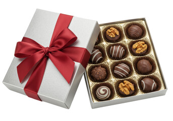 Isolated box of assorted gourmet chocolates with ribbon and bow for Valentines Day gift