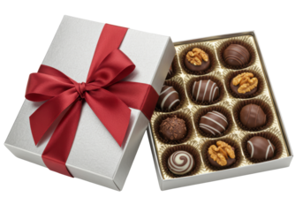 Isolated box of assorted gourmet chocolates with ribbon and bow for Valentines Day gift