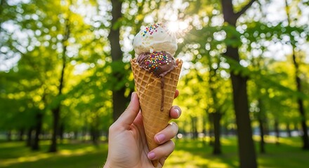 A hand holds a waffle cone filled with a double scoop of ice cream, vanilla and chocolate, adorned with colorful sprinkles, bathed in sunlight filtering through lush green trees in a park.
