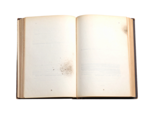An open antique book with blank, dusty pages, isolated on a white background, symbolizing a new chapter.