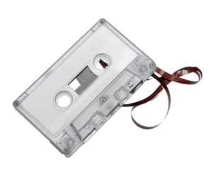 An unspooled magnetic tape from an old cassette, isolated on a white background, vintage.