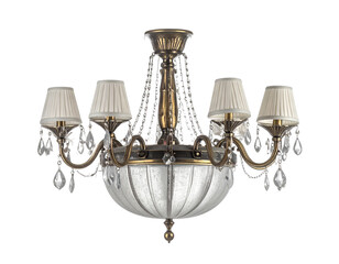 A vintage brass or gold-colored chandelier with multiple light bulbs, isolated on a white background.