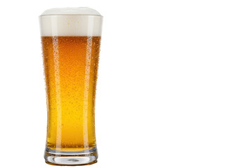 Isolated view of cold beer with foam head in glass with condensation drops studio shot