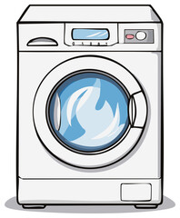 Cartoon illustration of a white washing machine against a simple background