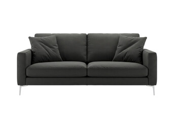 Isolated dark gray sofa with pillows in studio setting, clean shot for interior design use