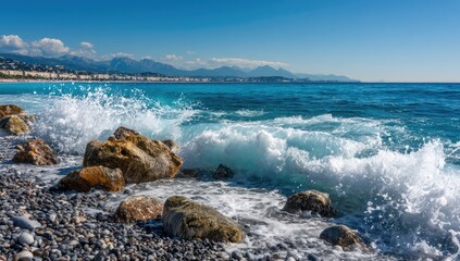 Coastal scene of waves crashing on rocks