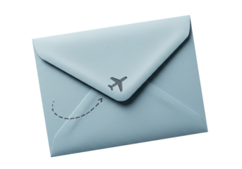 Isolated light-blue envelope with airplane symbol and dotted path, travel or trip concept