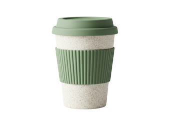 Isolated reusable bamboo coffee mug with green lid and sleeve for hot beverages drinkware