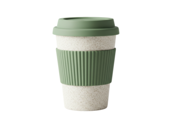 Isolated reusable bamboo coffee mug with green lid and sleeve for hot beverages drinkware