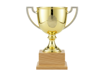 Isolated gold trophy with handles, resting on a wooden base, fingerprint for identity