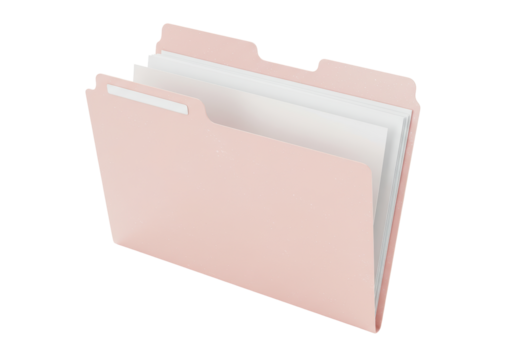 Isolated pink file folder with documents, office stationery for filing and organization