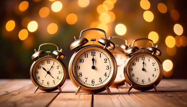 Antique clocks on a wooden table with blurred bokeh lights