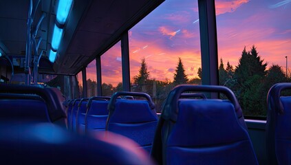 Inside a bus at sunset.  Blurred view