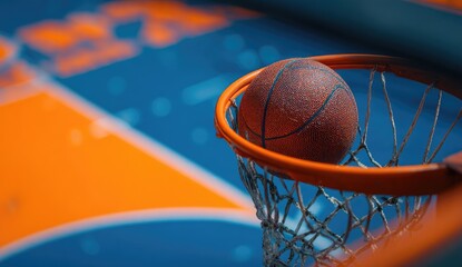 Basketball in the hoop. Close-up shot