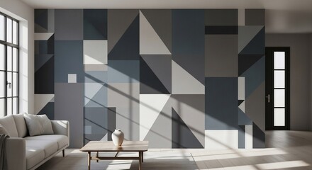 Modern geometric wall art in a contemporary living room setting.