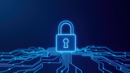 A glowing blue padlock icon atop a circuit board against a dark blue gradient background image