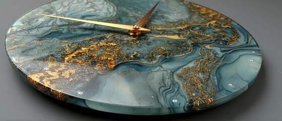 Round wall clock with teal and gold marbled design