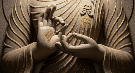 Close up of Buddha statue hands in Gyan Mudra position