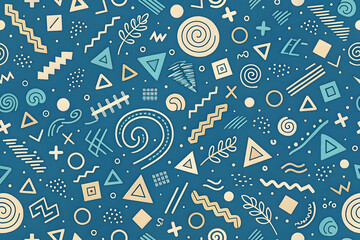Seamless Retro 80s 90s Doodle Pattern on Vibrant Blue Background