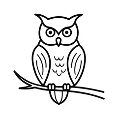 Owl perched on tree branch black line drawing