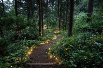 Obraz premium A winding woodland path illuminated by twinkling lights